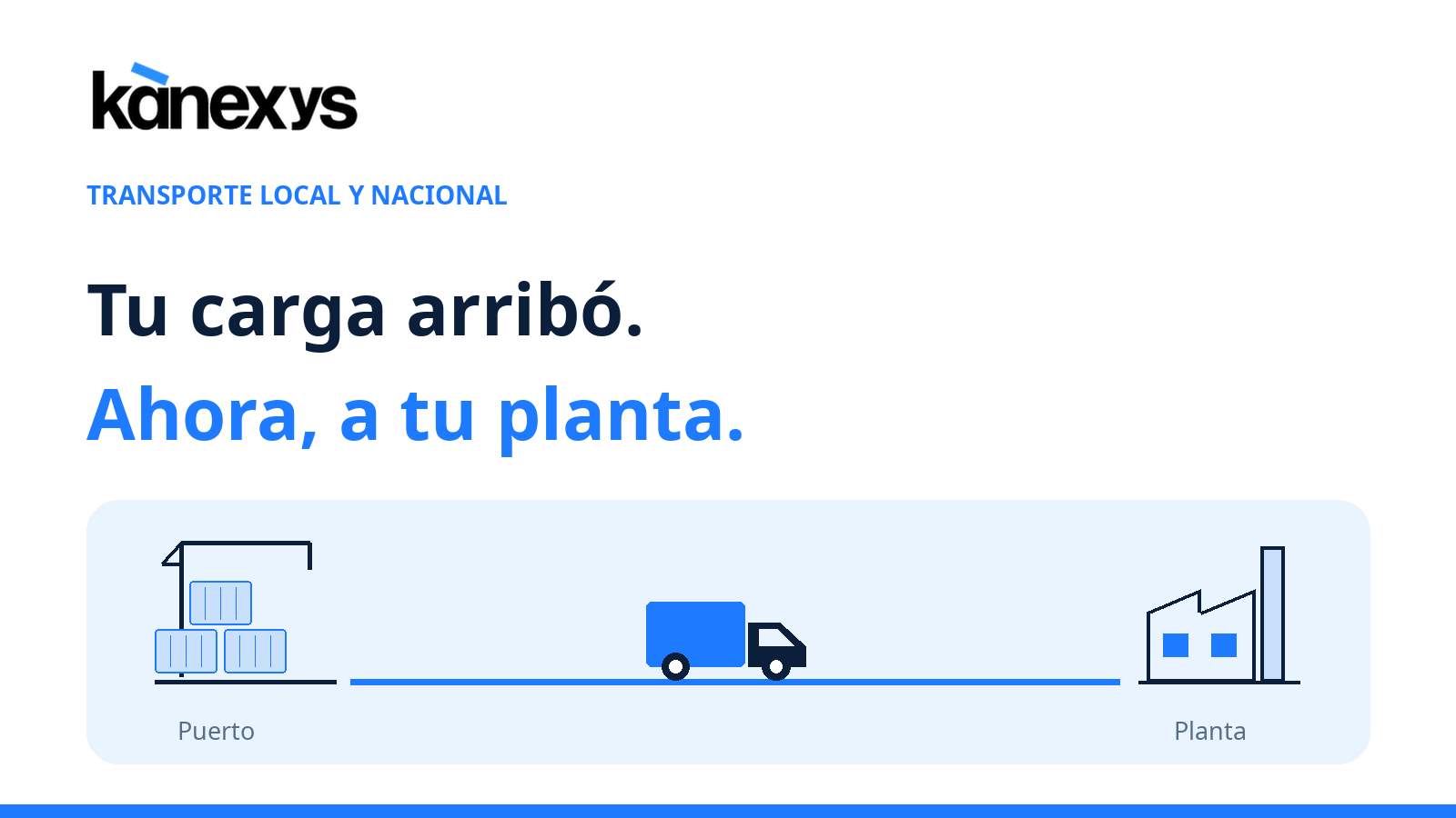 Ilustración de un puerto, un camión y una planta unidos por una ruta, con el logo Kanexys y el texto "Tu carga arribó. Ahora, a tu planta".